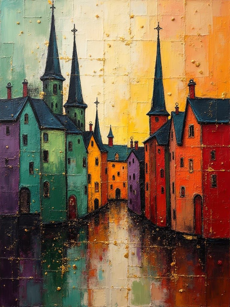 Colorful Church Spires in Impasto Style