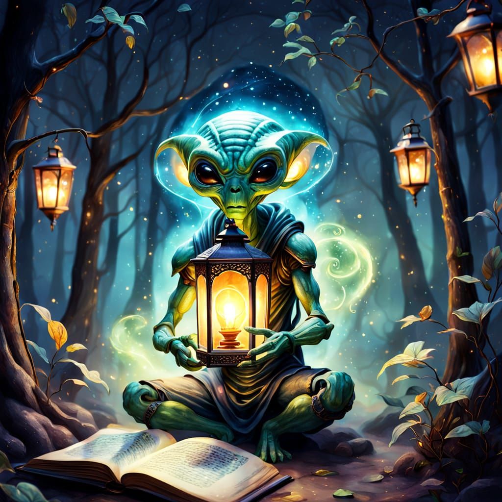 Alien Reading in Lantern, Watercolor Fantasy Art