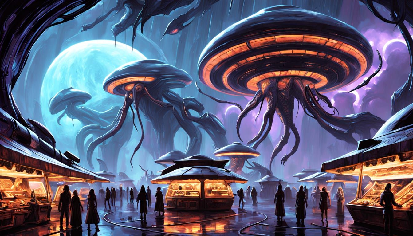 Bustling Alien Marketplace in Saturn's Rings