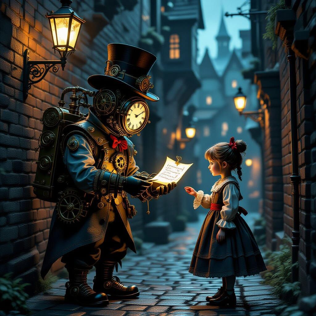 Clockwork Postman Delivers Scroll in Gothic City