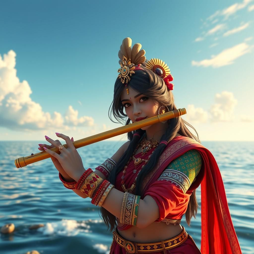 Indian Girl Plays Musical Flute: 3D Anime Art