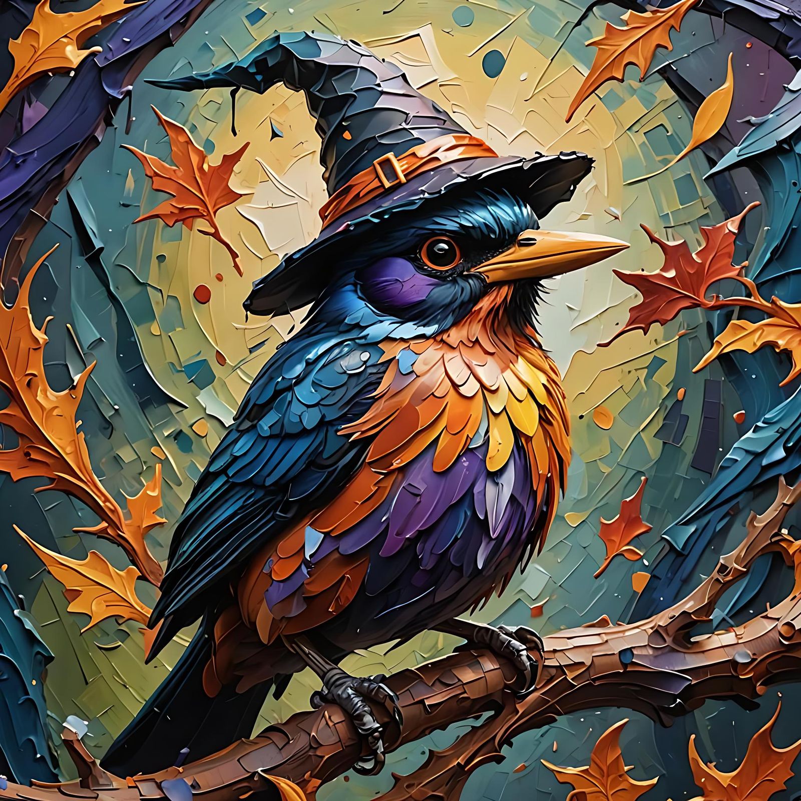 Impasto Bird with Witch Hat in Warm Colors