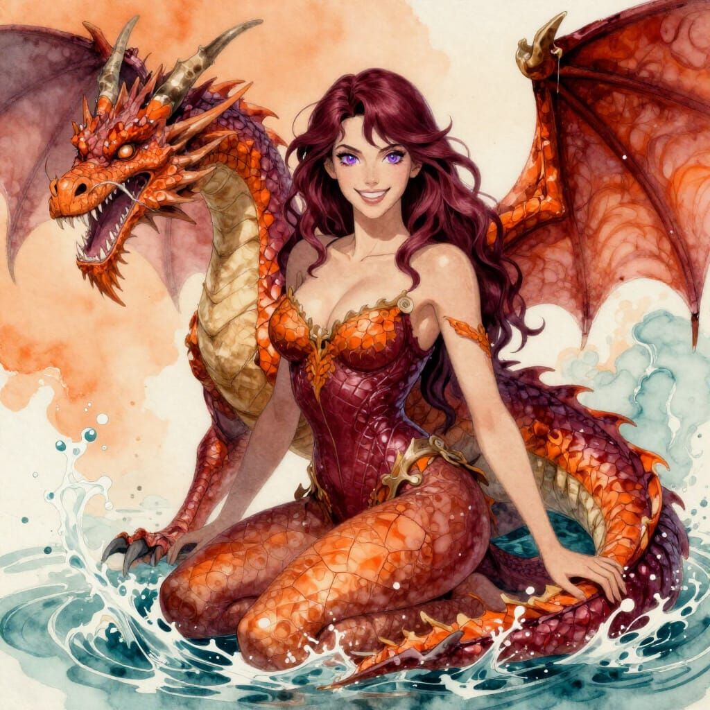 Queen and Dragon in Watercolor Style