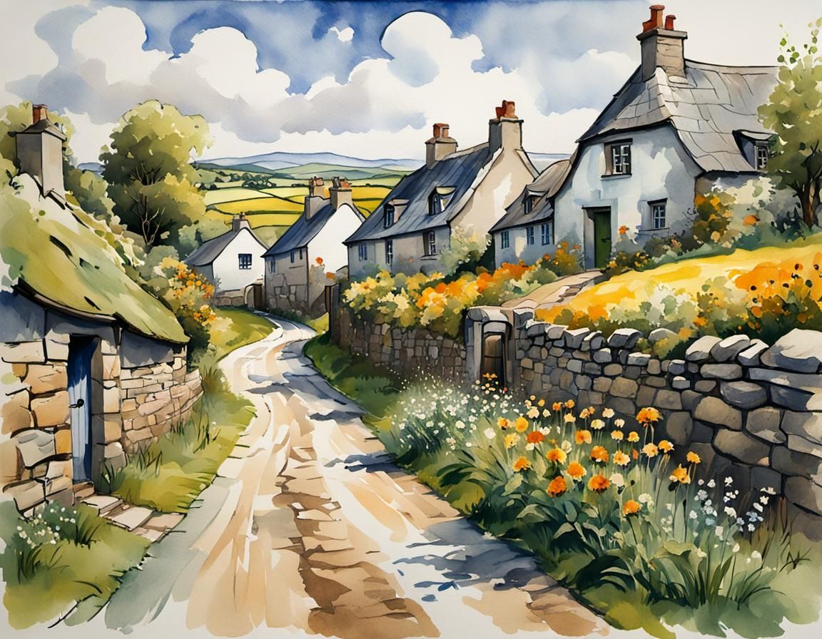 Irish Village Street View in Gouache Watercolor Style