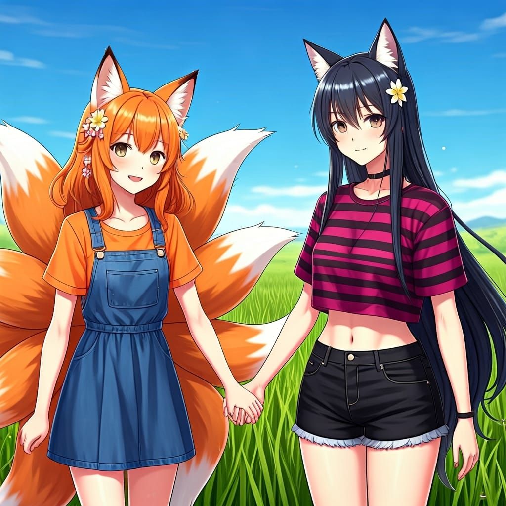 Anime Fox Girl Holding Hands in Sunny Park
