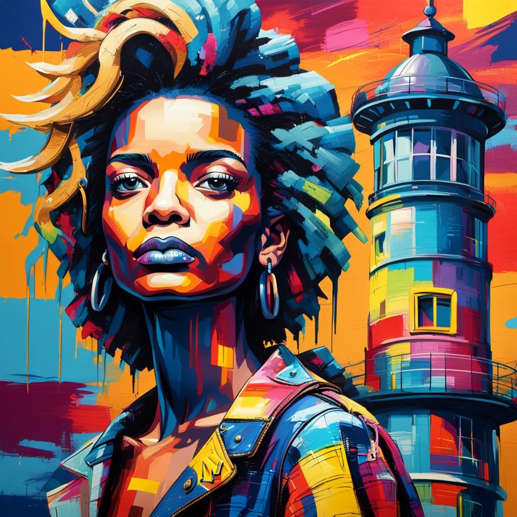 Vibrant Pop Art Model Holds Designer Dress with Big Mac and...