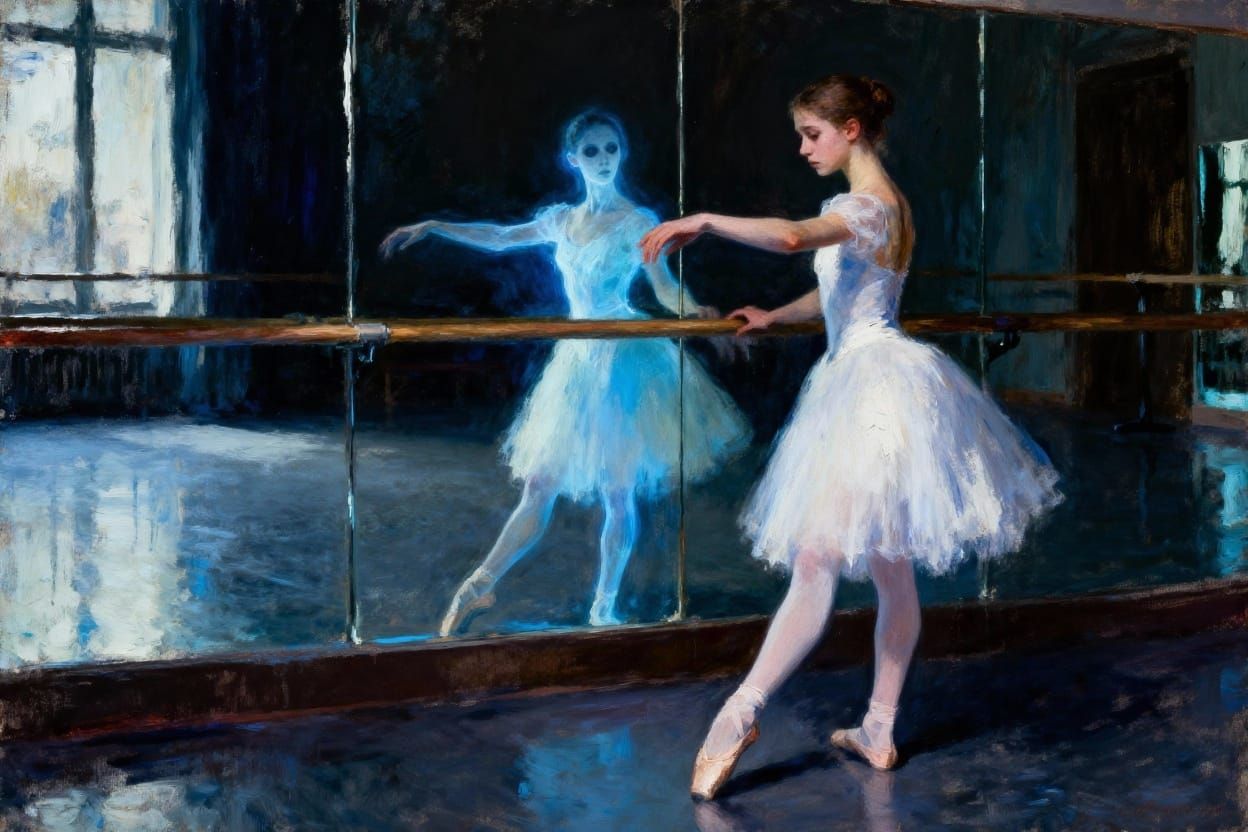 Ballerina's Ghostly Reflection in Oil Painting
