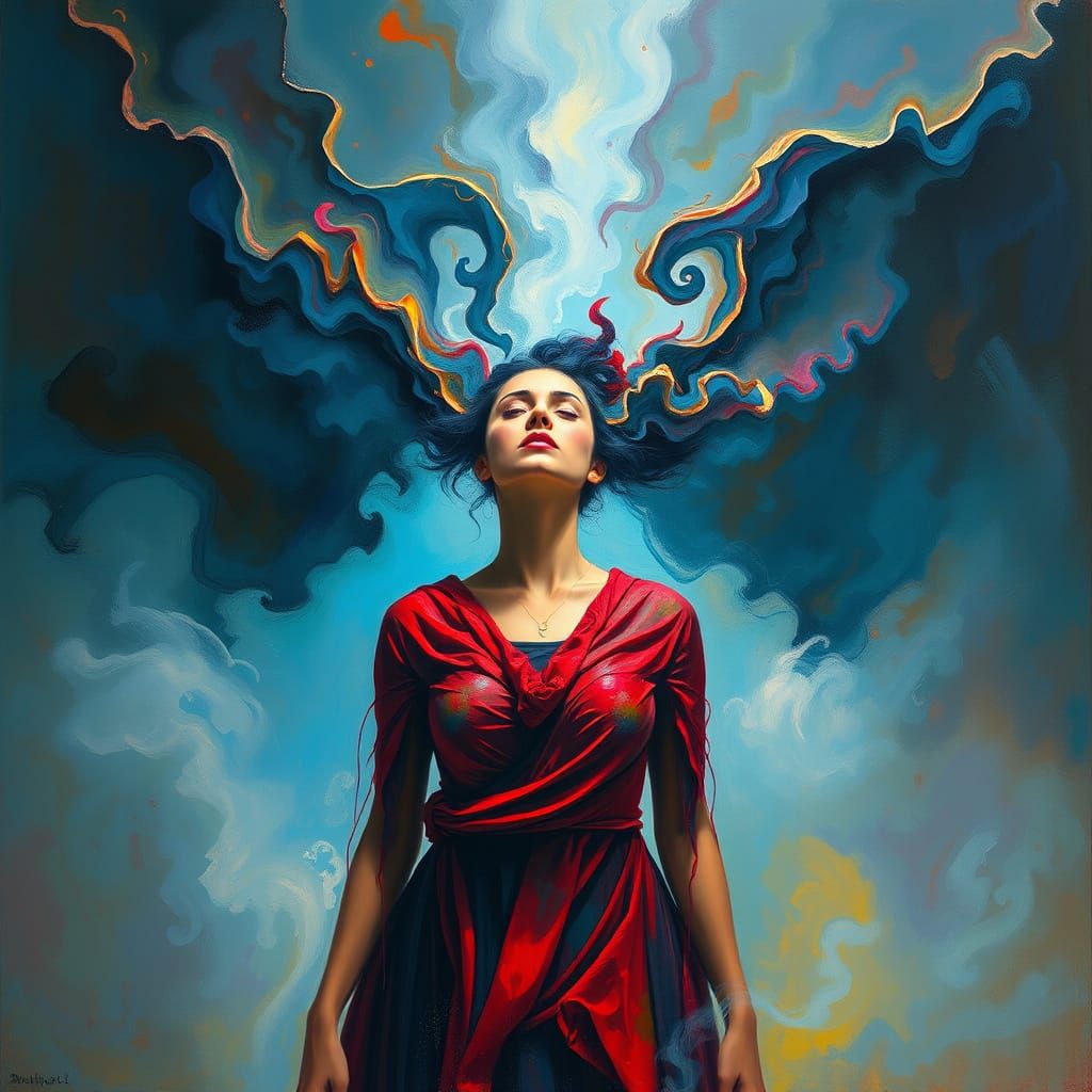 Woman in Swirling Mist: Surreal Emotional Turmoil