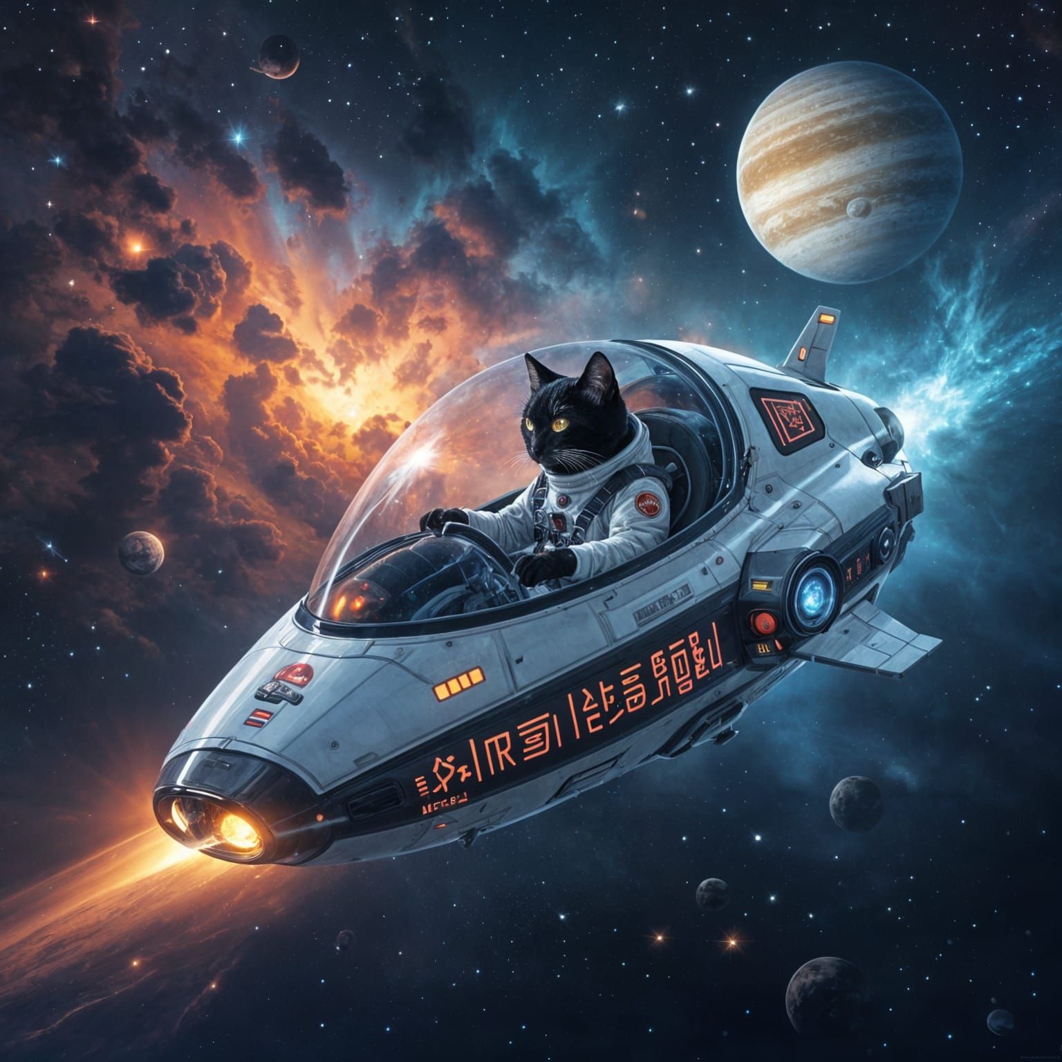 Space Pod Piloted by Black Cat Near Ringed Planet