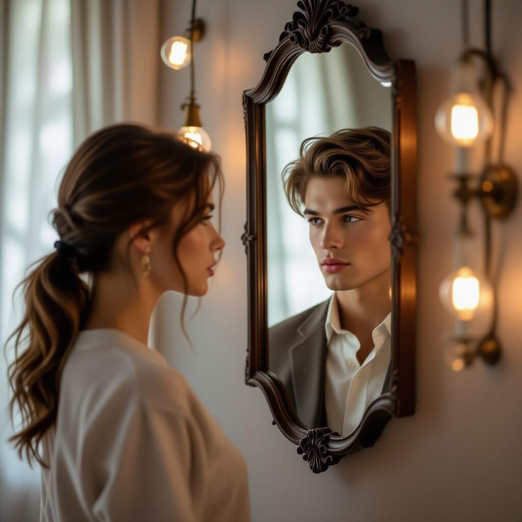 Woman's Reflection Reveals Man in Vintage Mirror