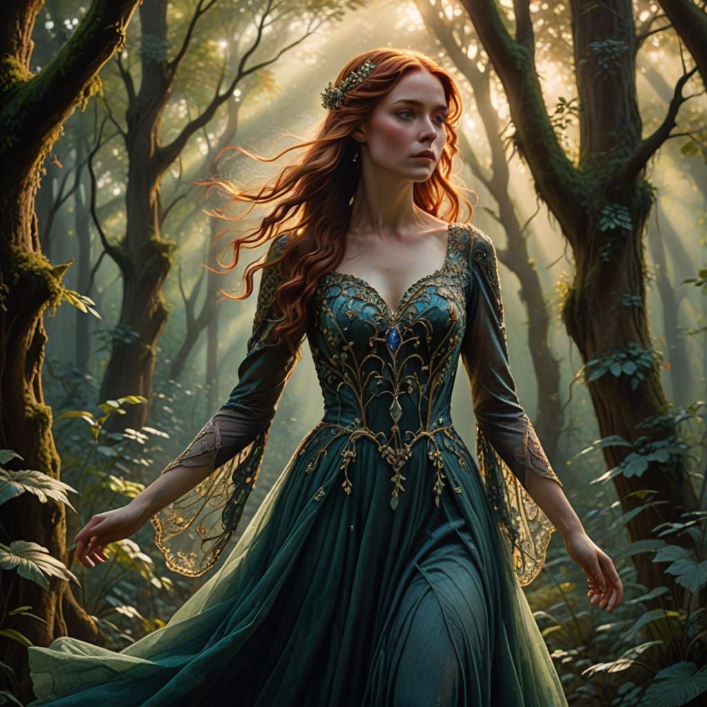 Art Nouveau Lady in Sunlit Ancient Forest