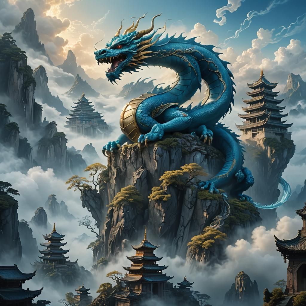 Azure Dragon Perched on Ruined Pagodas