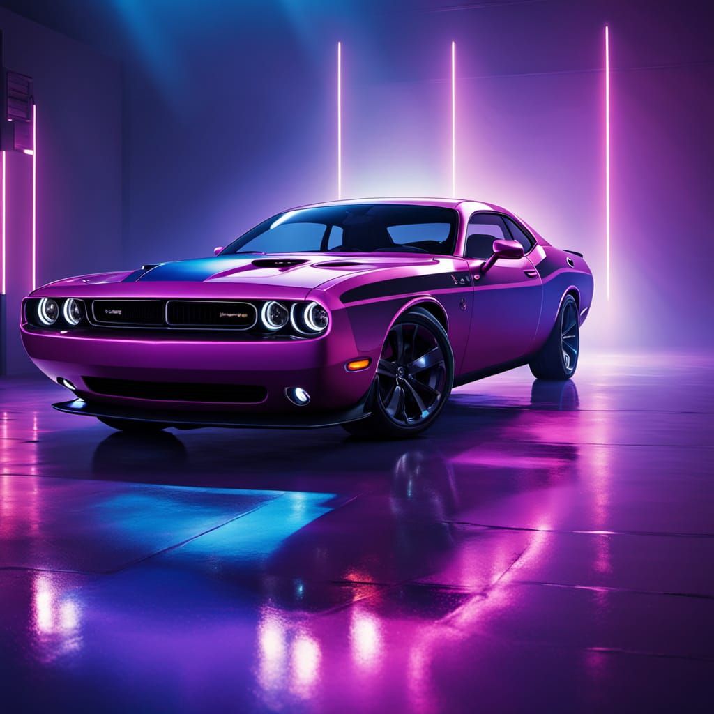 Vibrant Dodge Challenger with Neon Underglow in WLOP Style