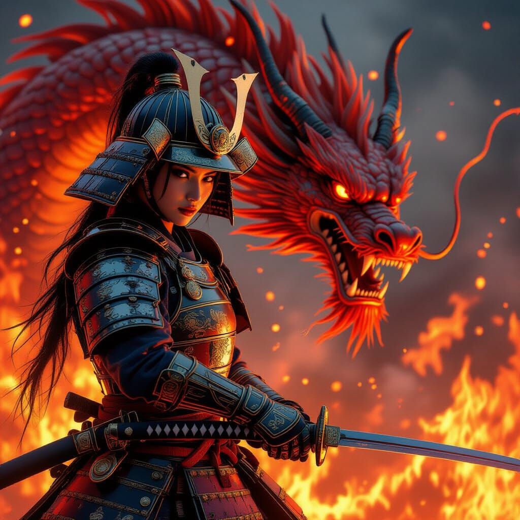 Female Samurai Battles Dragon in Vibrant Digital Art