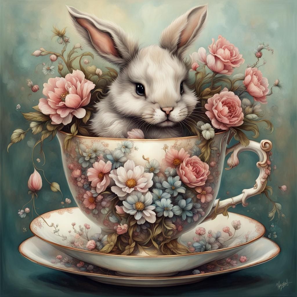 Cute Baby Bunny in Floral Teacup