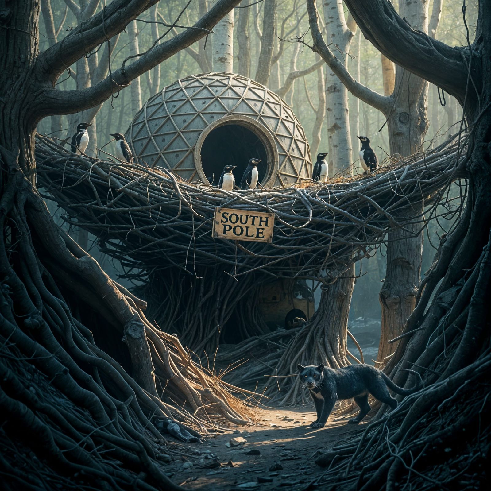 Double Exposure: Penguins in Silver Birch Forest