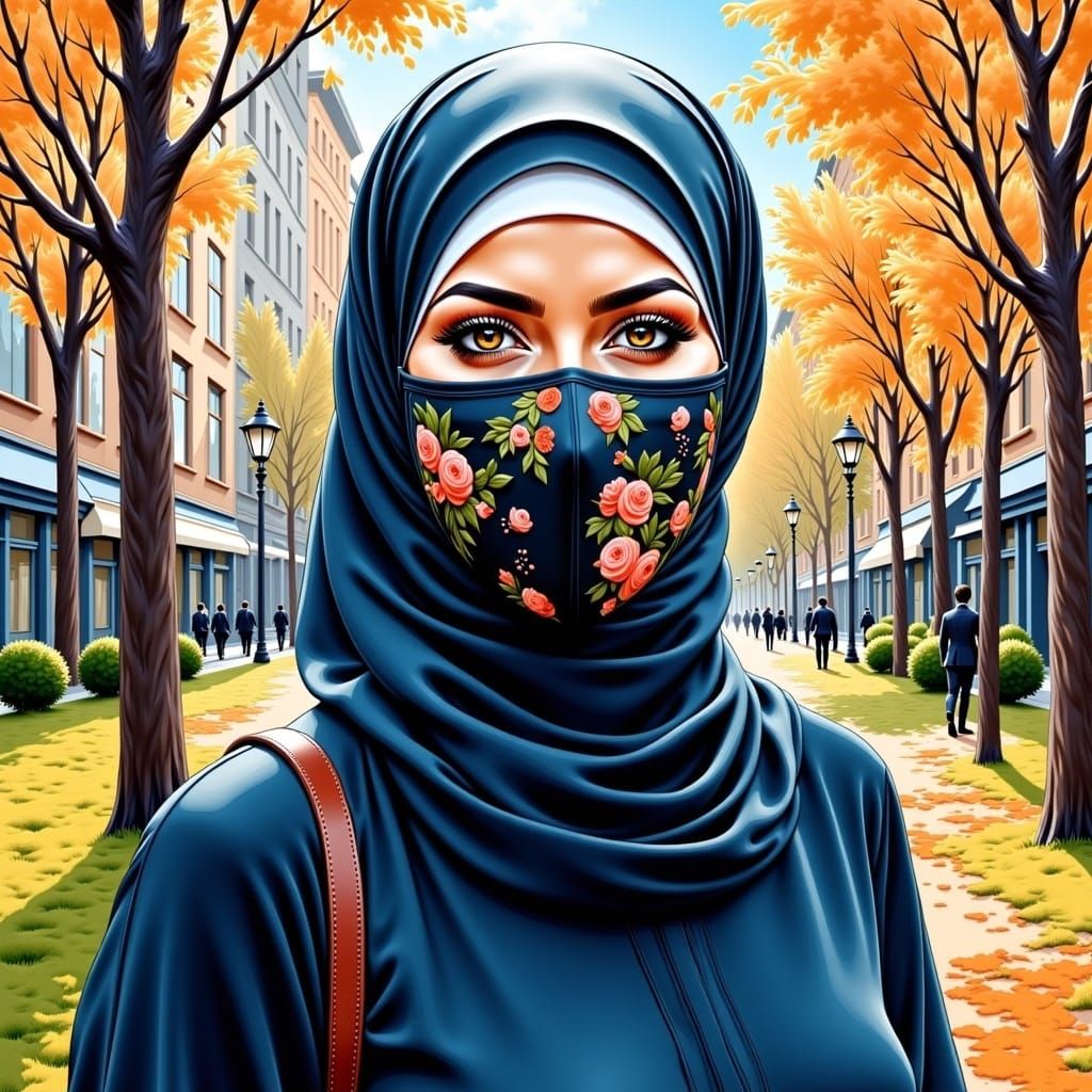 European Woman in Hijab Portrait, Oil-Gouache Style