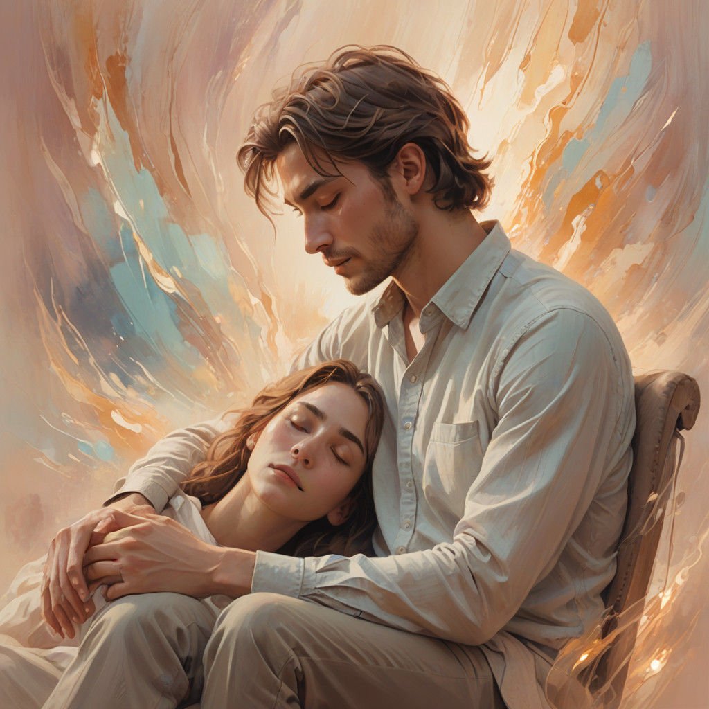 Glowing Figure Comforts Young Man in Soft Focus Scene