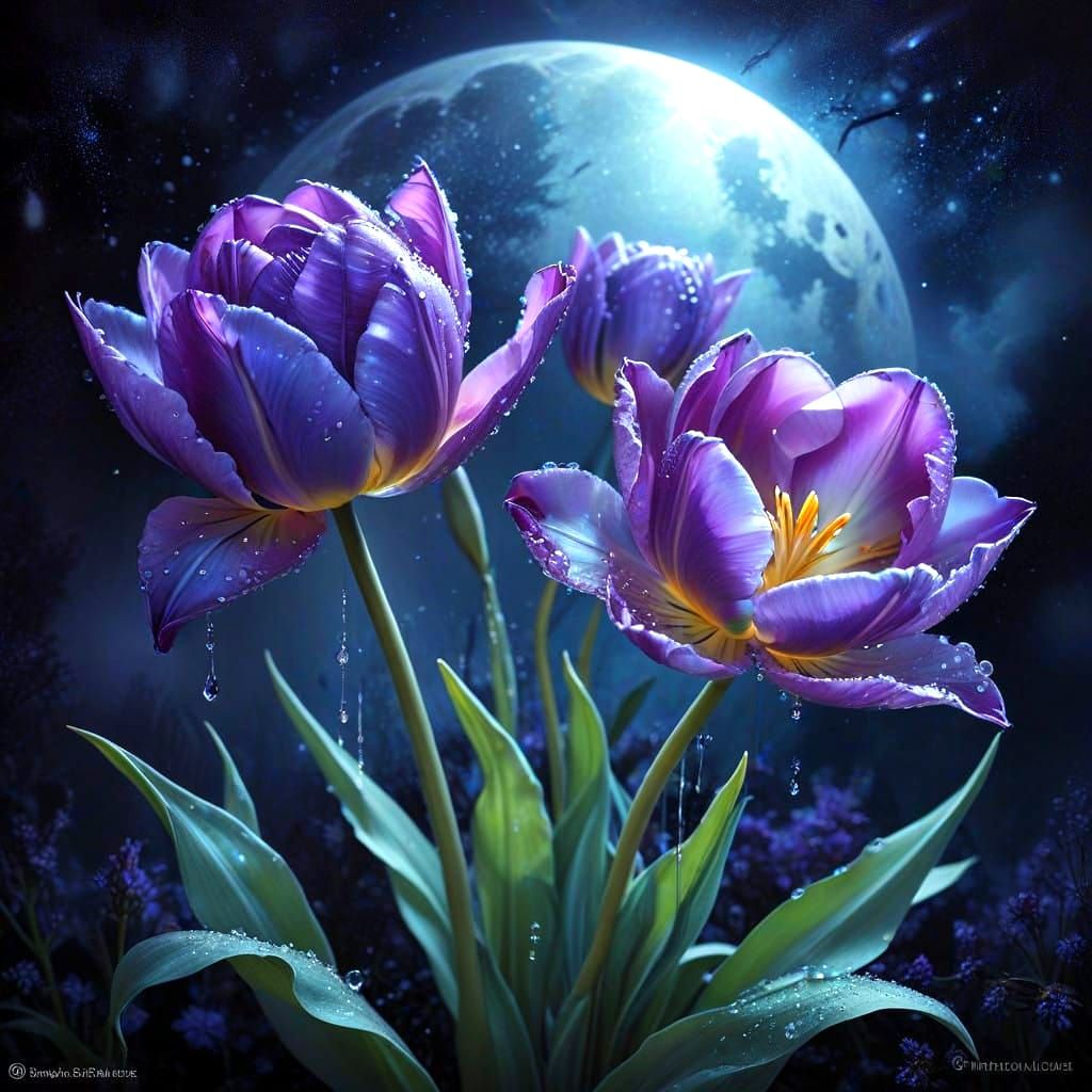 Vibrant Bioluminescent Tulip Blooms in Dreamy Moonlit Scene