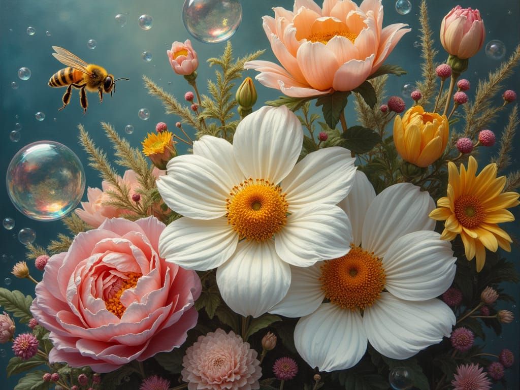 Surreal Bouquet Blooms with Luminous Bee in Ethereal Light