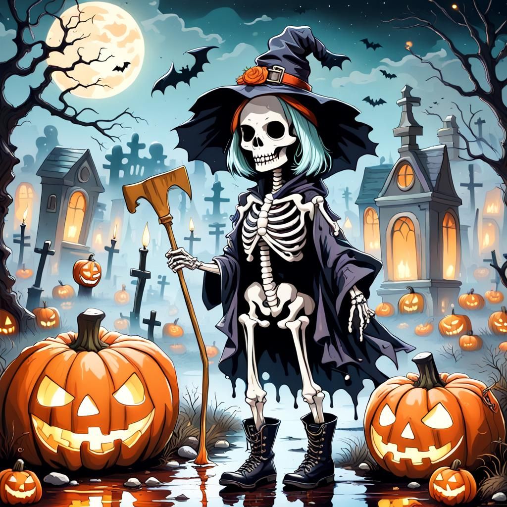 Kawaii Skeleton's Halloween Night: Graffiti Art Cemetery