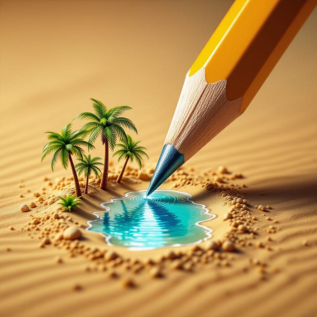 Pencil Tip Becomes Desert Oasis in Photorealistic Style