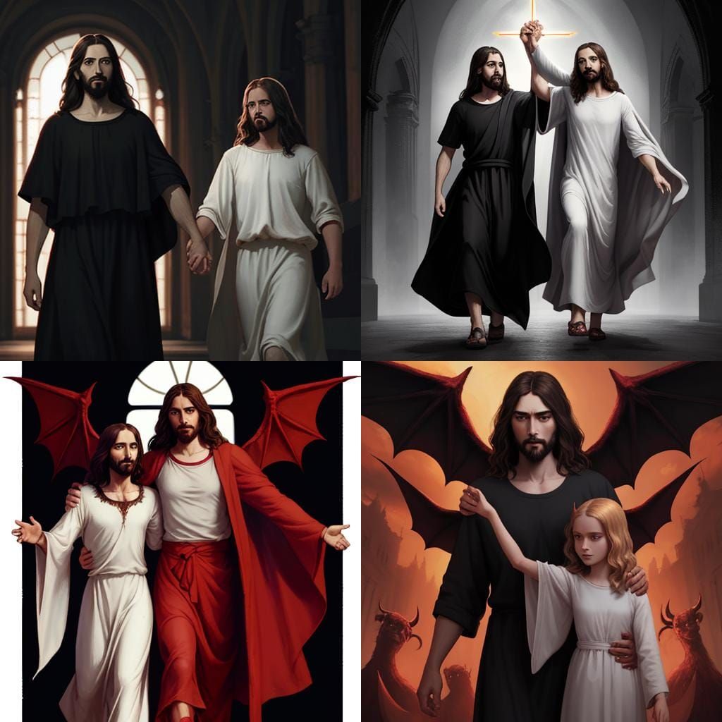 Jesus and Satan Walking Arm in Arm