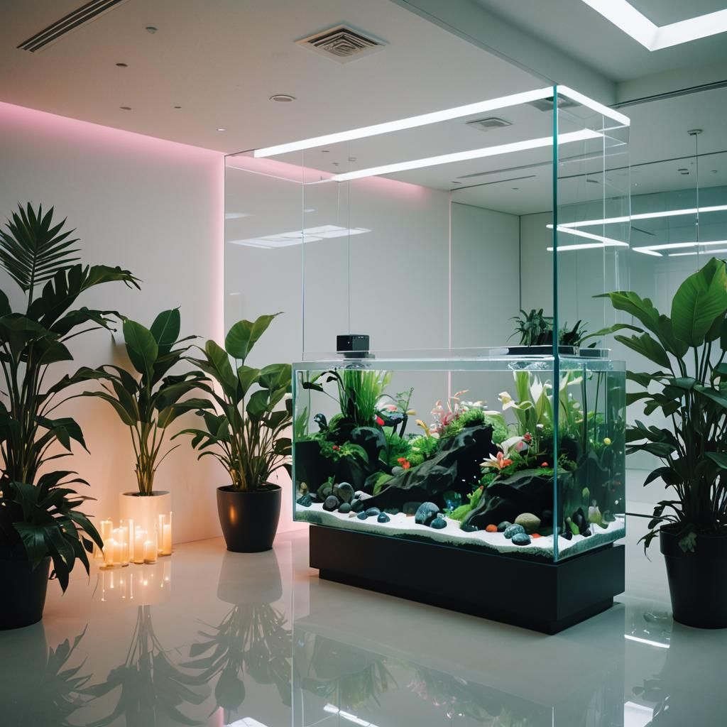 Futuristic Japanese Aquarium with Neon and Plants