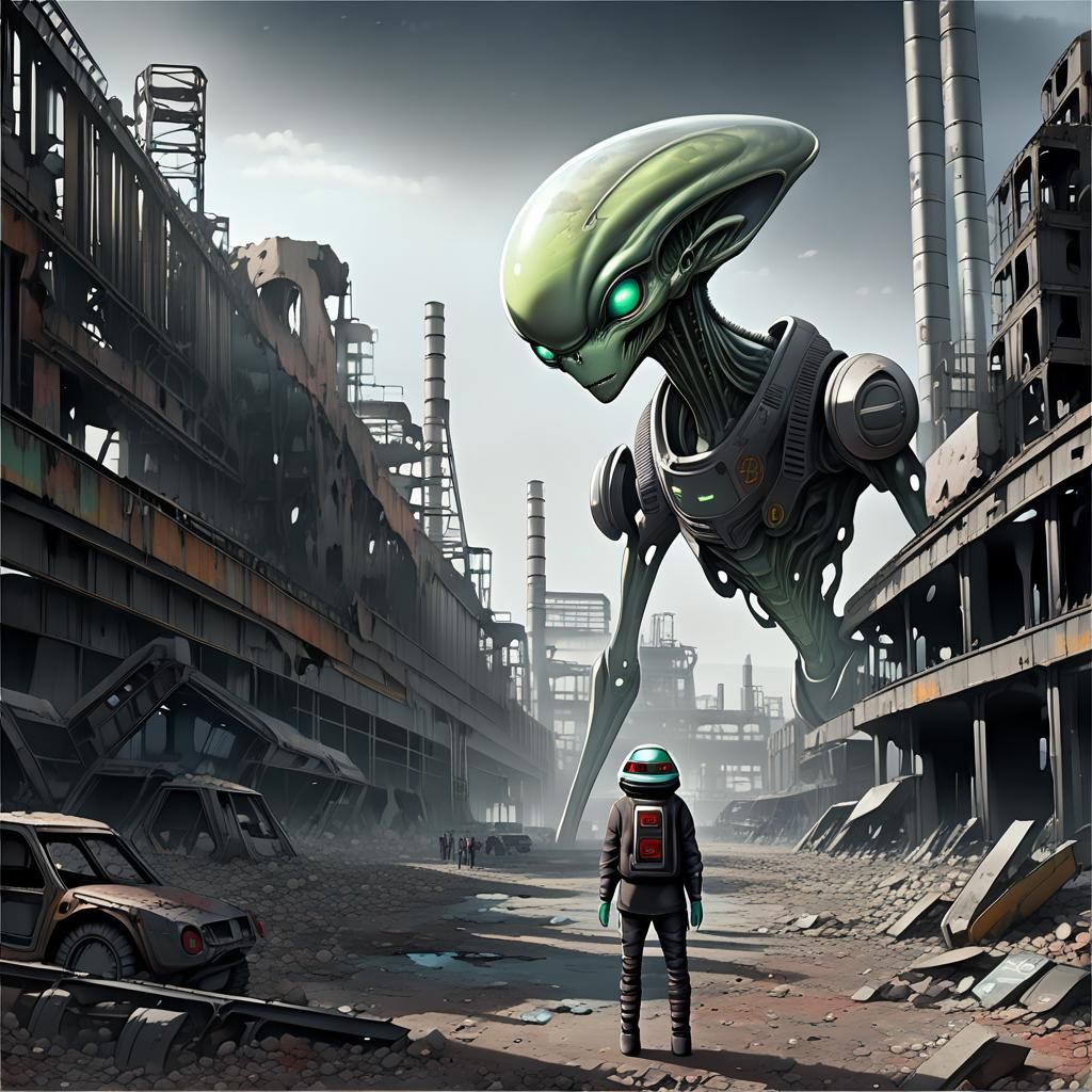 Anime Alien in Ruined Sci-Fi Landscape
