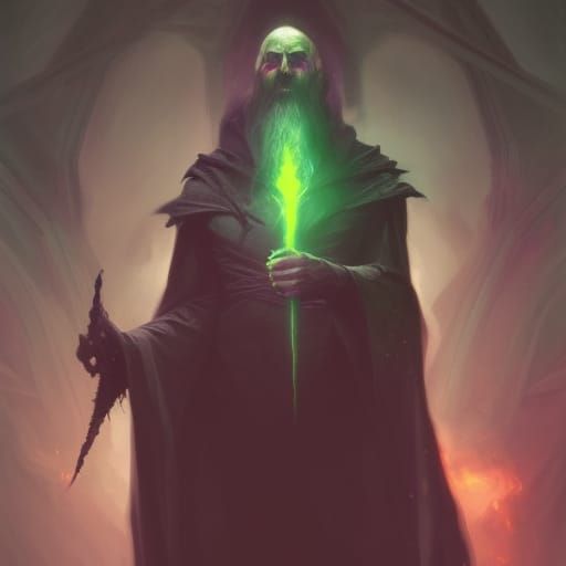 Dark wizard with haunting Green aura around him& dark wizard vibes& evil vibes& necromancy vibes& Slytherin vibes& sinis...