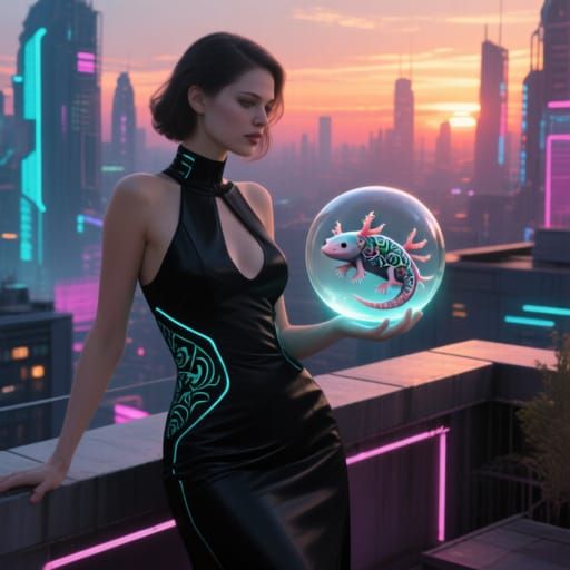 Cyberpunk Woman with Axolotl Orb at Neon Sunset