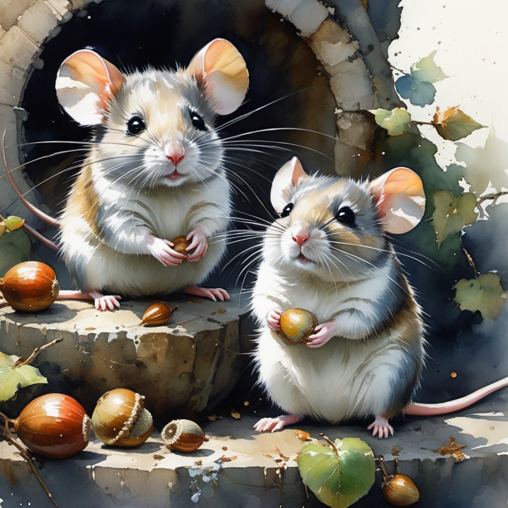 Whimsical Watercolor Mice in Fairytale Setting