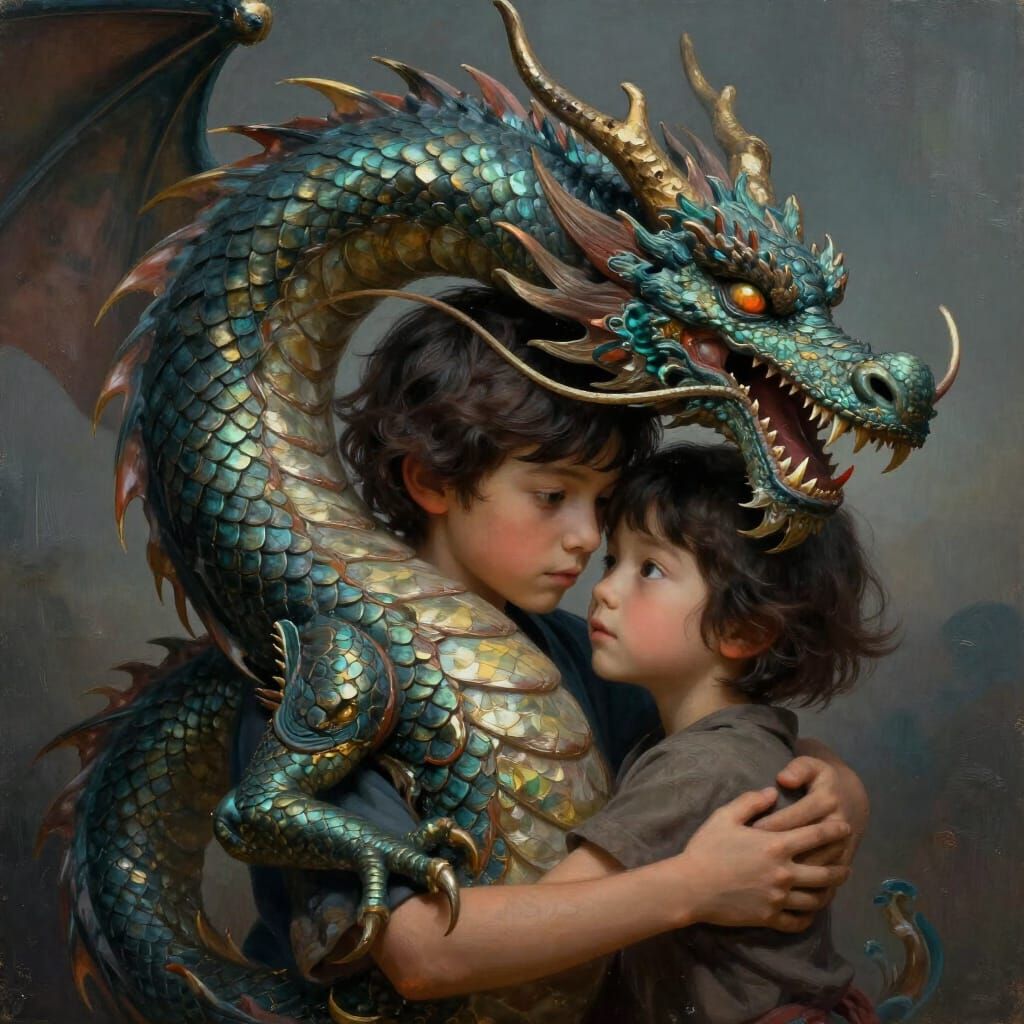 Child Holds Majestic Dragon In Cinematic Portrait