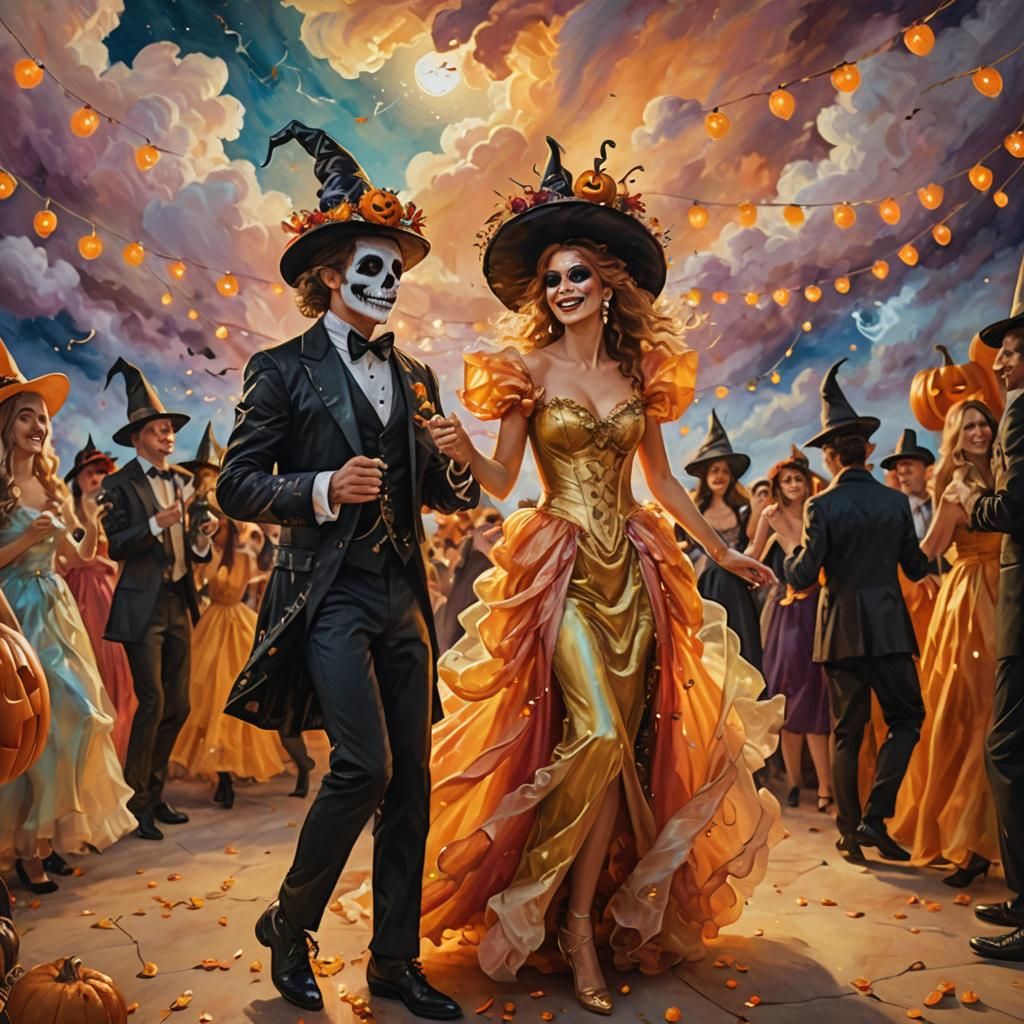 Heavenly Halloween Party: Whimsical Oil Painting