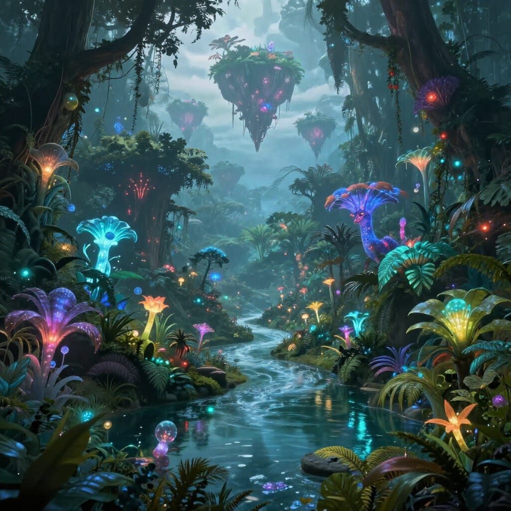 Enchanted Bioluminescent Jungle with Fantastical Flora and F...