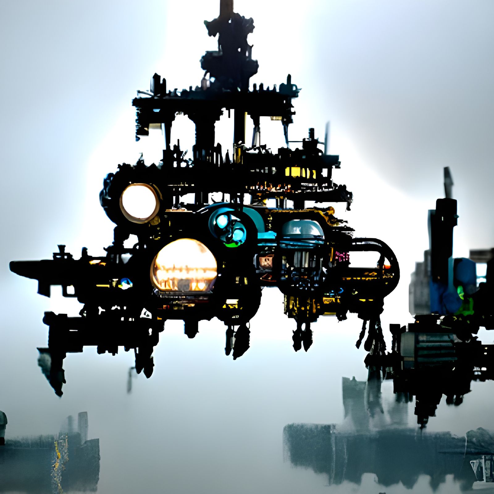 Neon-Lit Steampunk Floating City in Cyberpunk Style