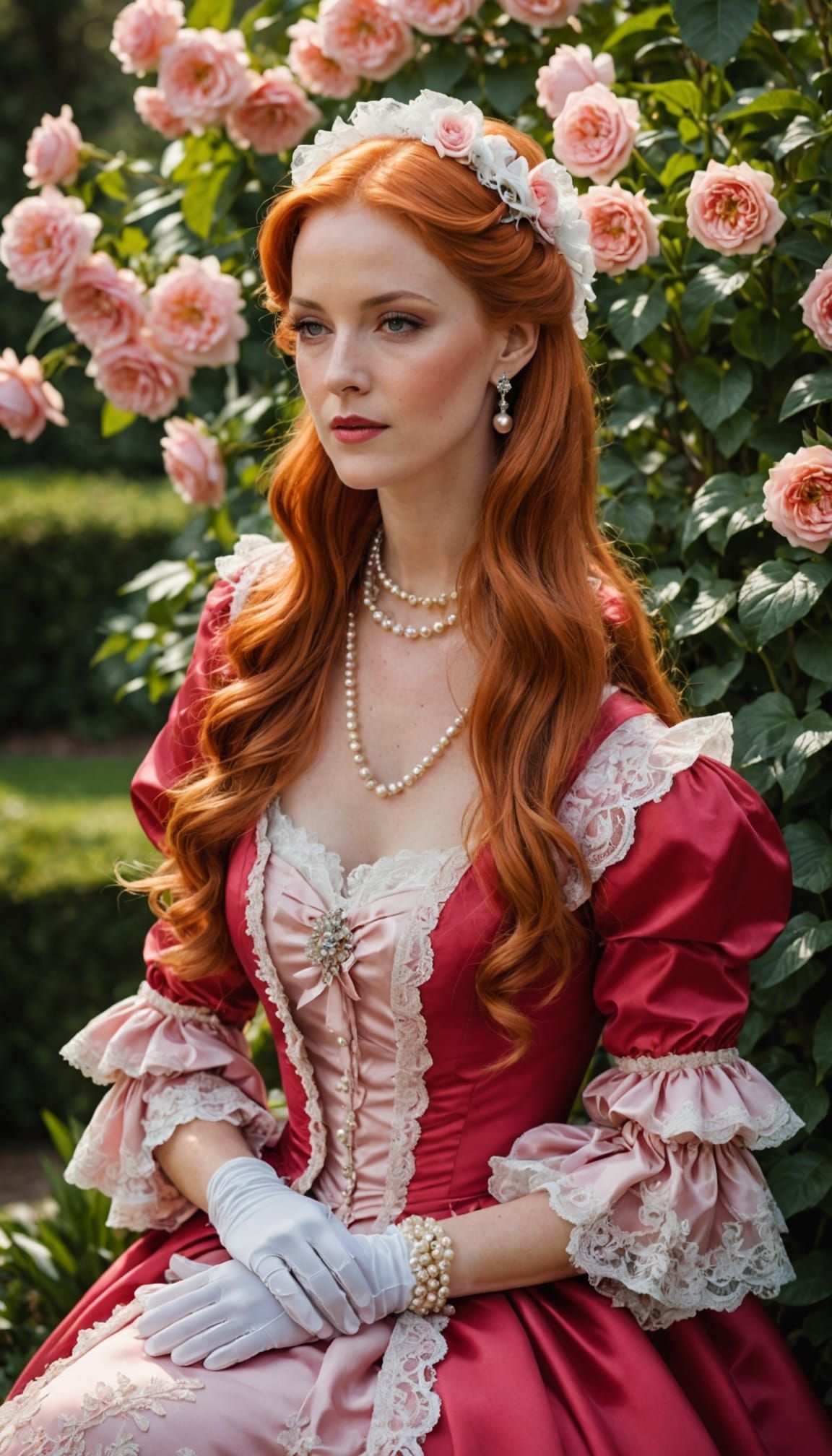 Elegant Woman in Floral Garden, Fashion Editorial Style