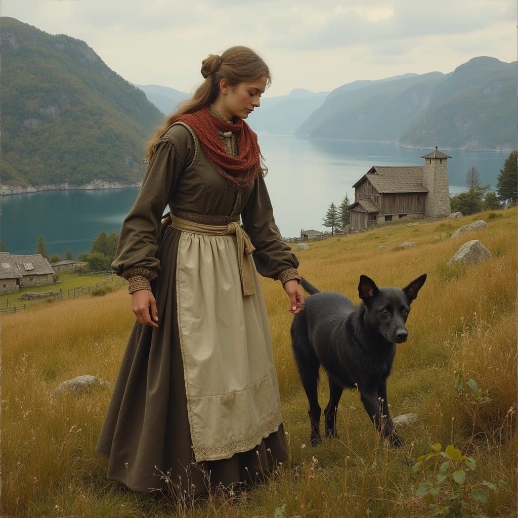 Nordic Woman Tending Farm in Historic Norway
