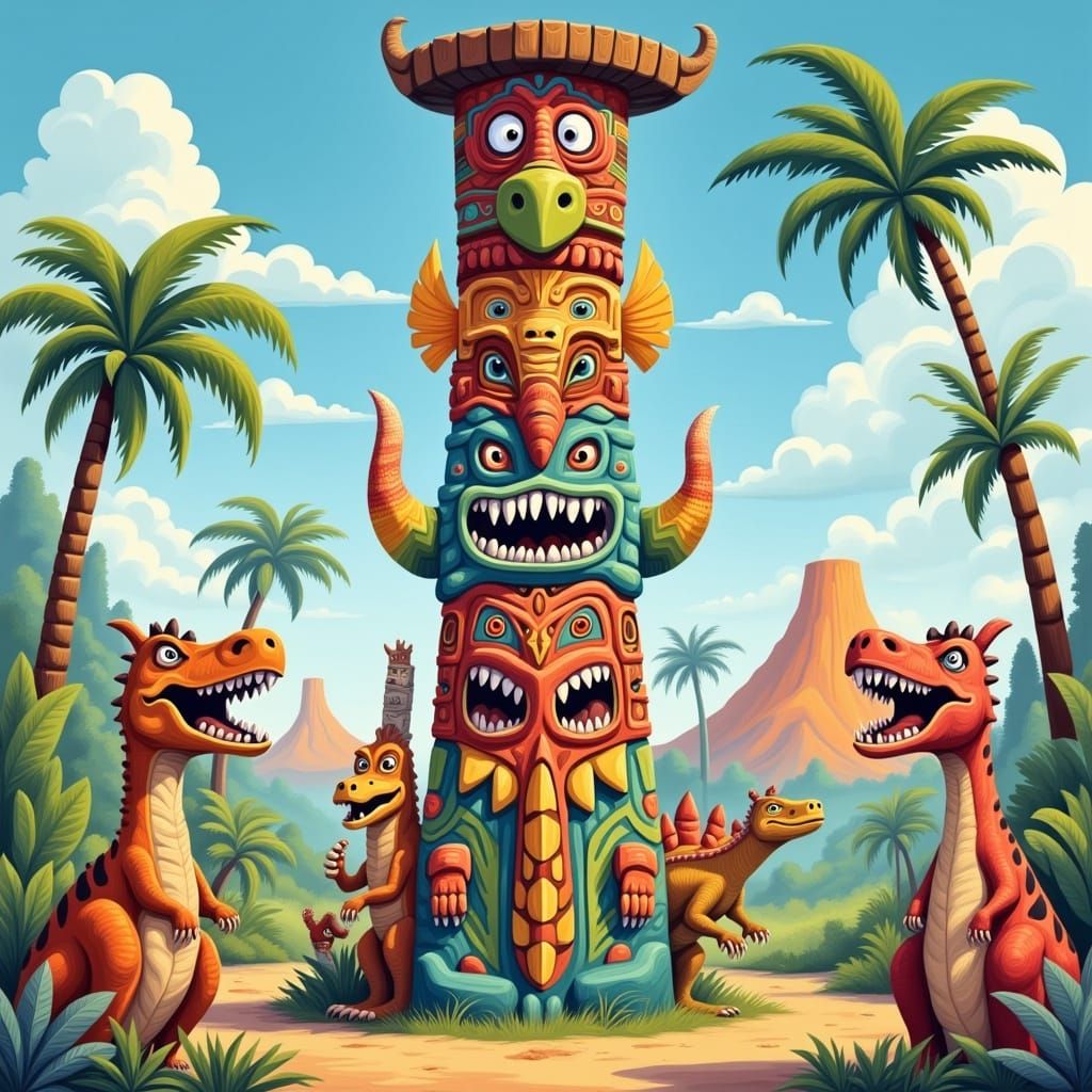 Whimsical Totem Pole in Vibrant Cartoon Style