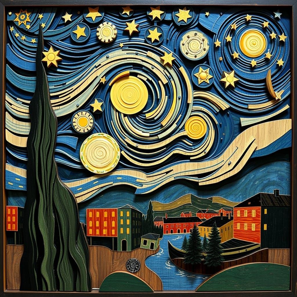 Starry Night Image Constructed from Wooden Elements in Cubis...