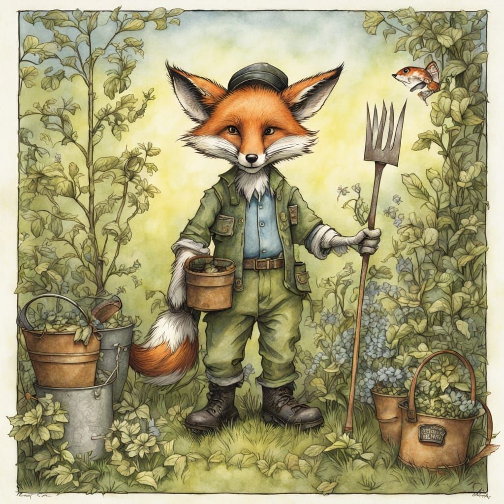 Tony DiTerlizzi's Whimsical Fox Gardener in Watercolor Style