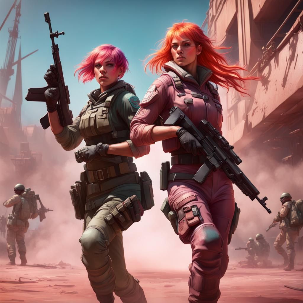 Pink and Red Haired Soldiers in Dynamic Art