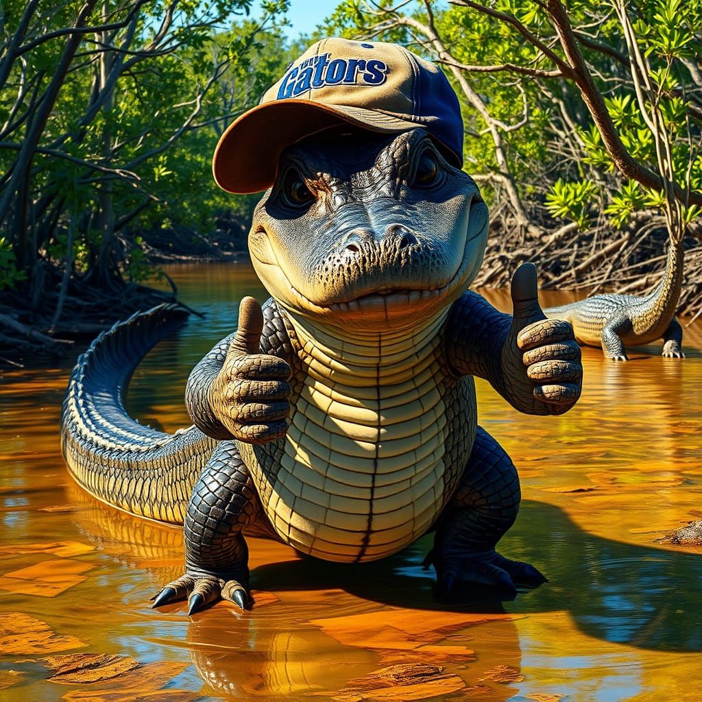 Hyper-Realistic Gator in Faded Gators Hat, Winking in the Sw...