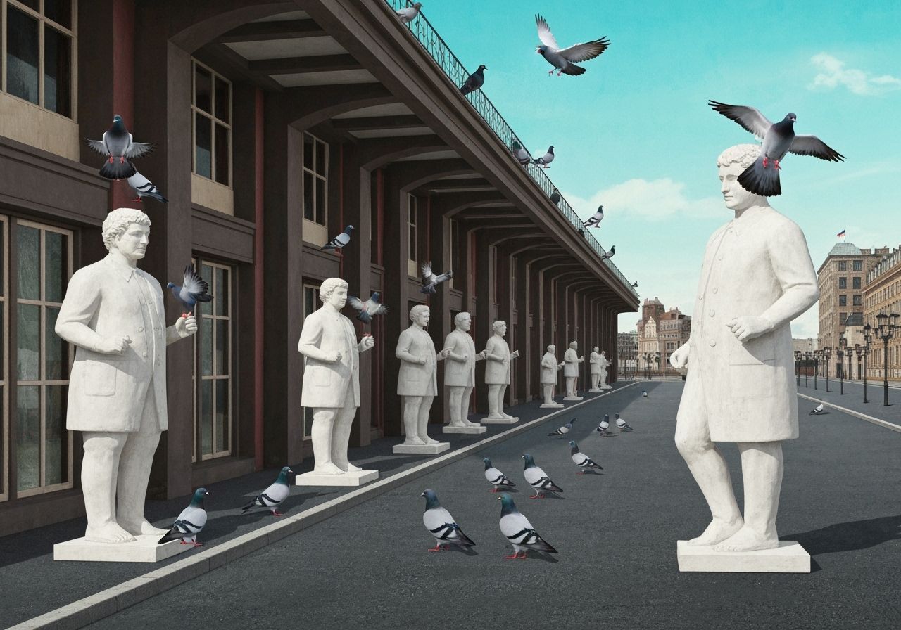 Surreal Pigeons Amidst Colorful Statues