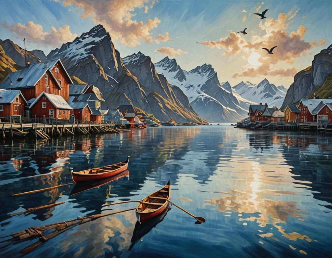 Norway Boat Scene as Impasto Oil Painting