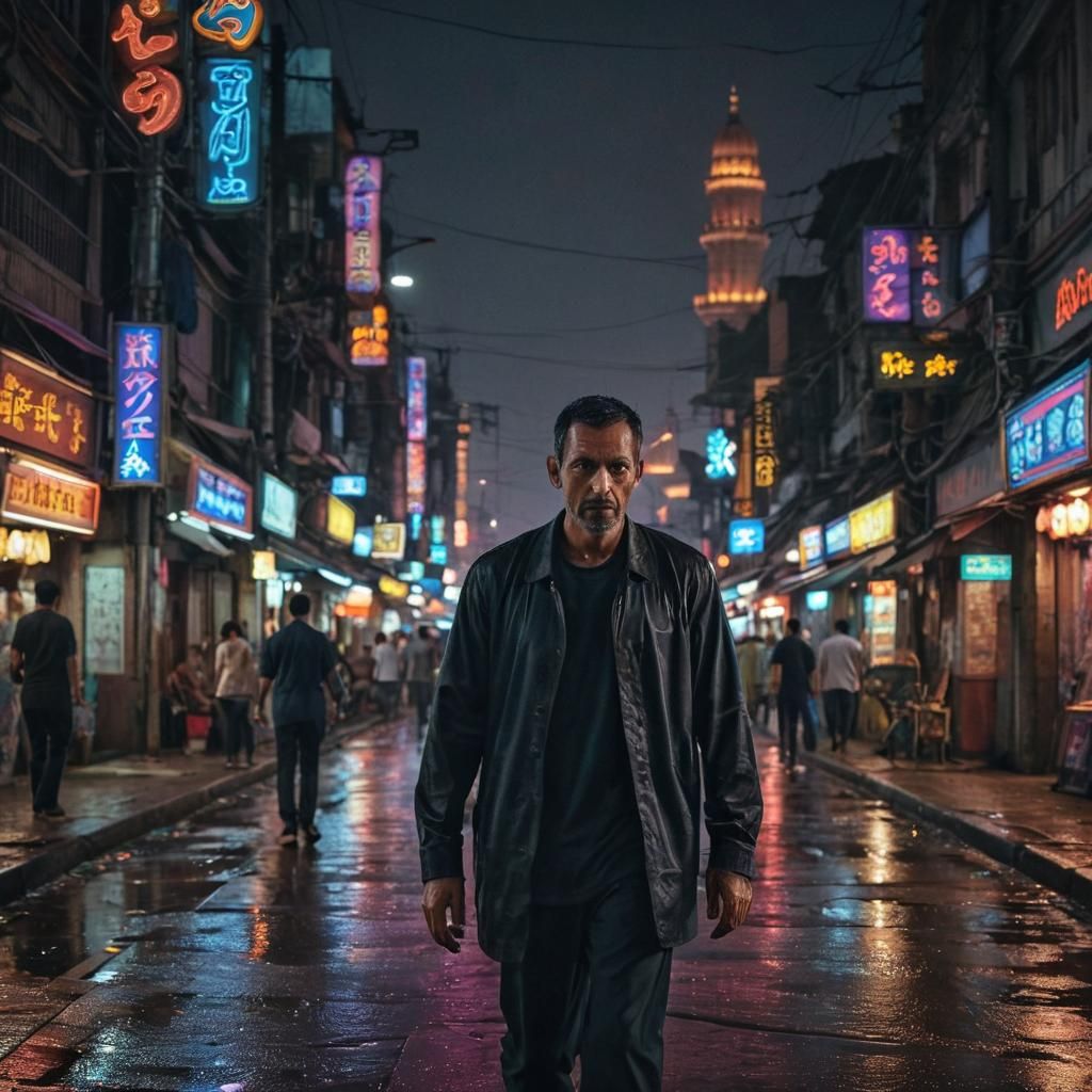 Jakarta Nightlife: Man Walking in Cityscape