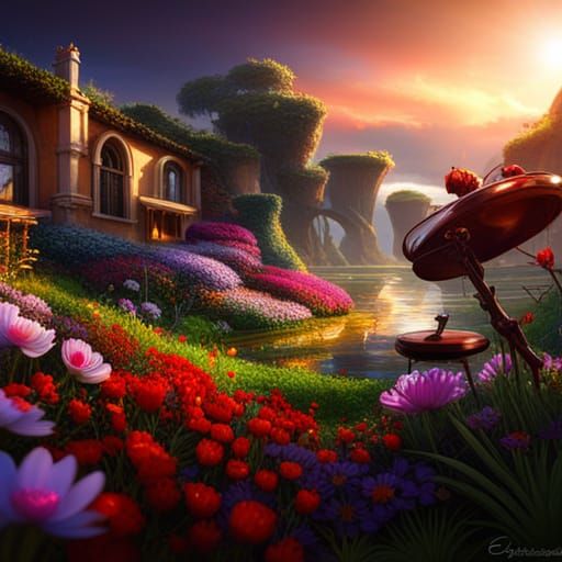 Ladybug Guitarist in Flower Beds: Fantasy Concept Art