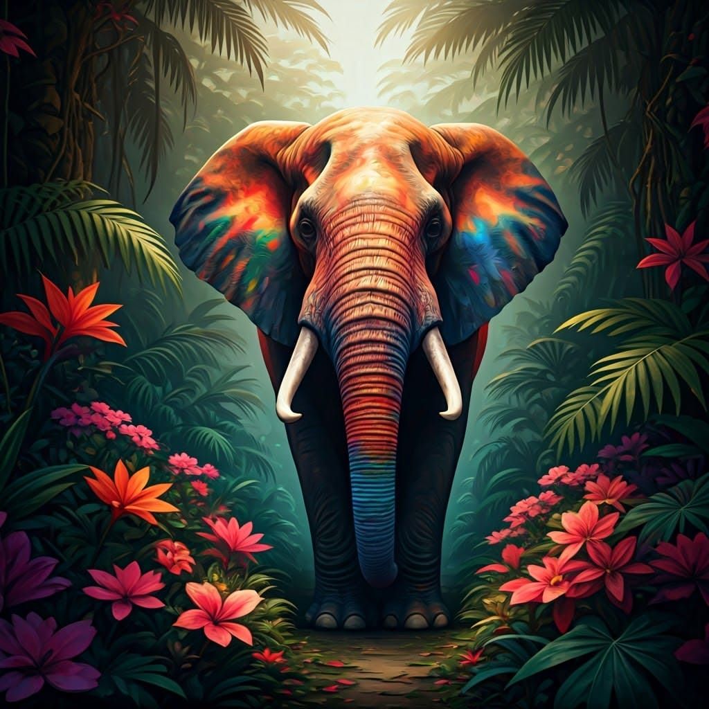 Rainbow Elephant in Tropical Landscape, Detailed Matte Paint...