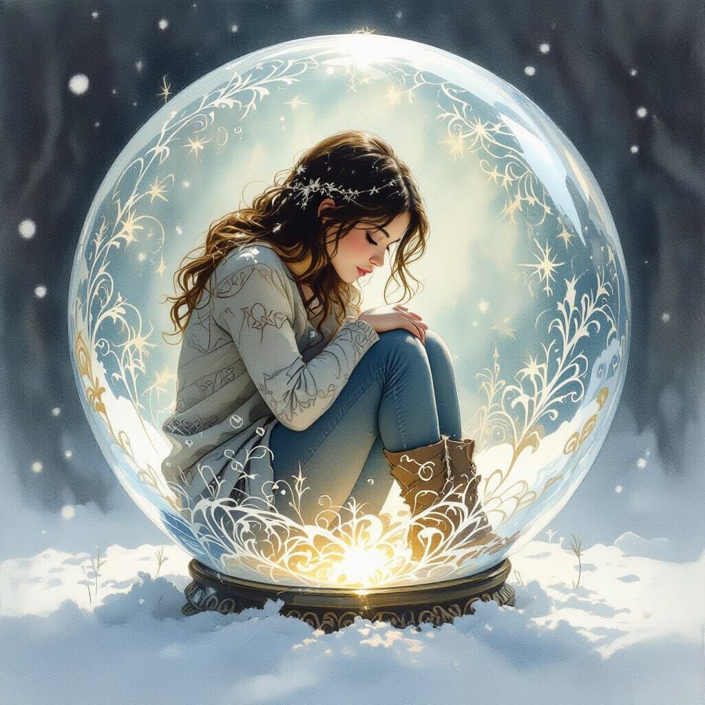 Woman in Crystal Ball Amidst Snowfall, Watercolor Style