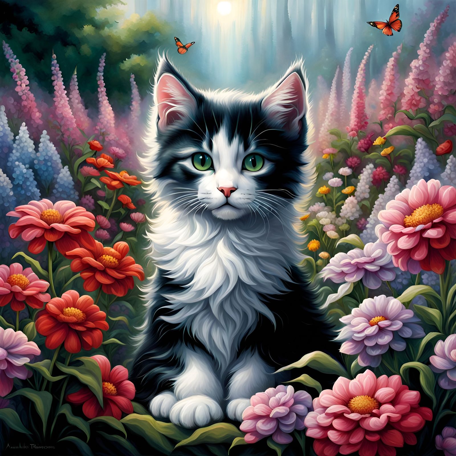 Kitten Surrounded by Flowers in Ethereal Fantasy Garden
